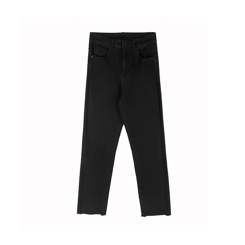 

2021 Trendy New Personality Design Irregular Cut Raw Edge Straight Jeans Women's High Waist Casual Nine-Point Pants Show High
