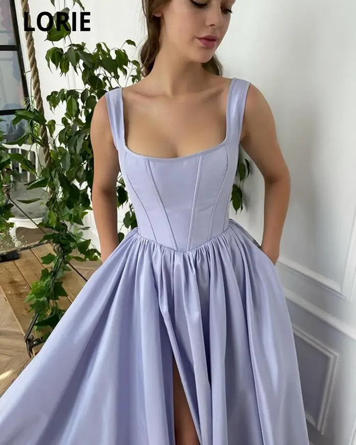 Lorie Lavender Prom Dresses Spaghetti Straps 2021 Side Split Satin Homecoming Dresses Clubbing Graduation Dresses Evening Gowns