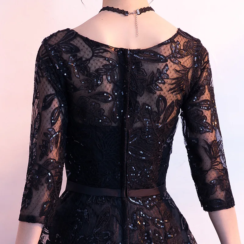 Черное женское длинное вечернее платье с круглым вырезом и блестками роскошное