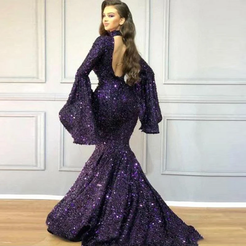 

vestidos formales Evening Dresses Sparkle Prom Gowns Mermaid Purple abiye Sequin Prom Party Dress Full Sleeves robe de soiree