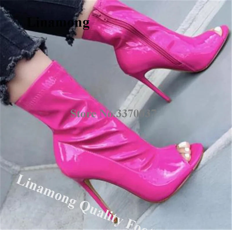 

Linamong Fashoin Peep Toe Stiletto Heel Short Boots Rose Pink White Patent Leather High Heel Ankle Booties Party Dress Shoes