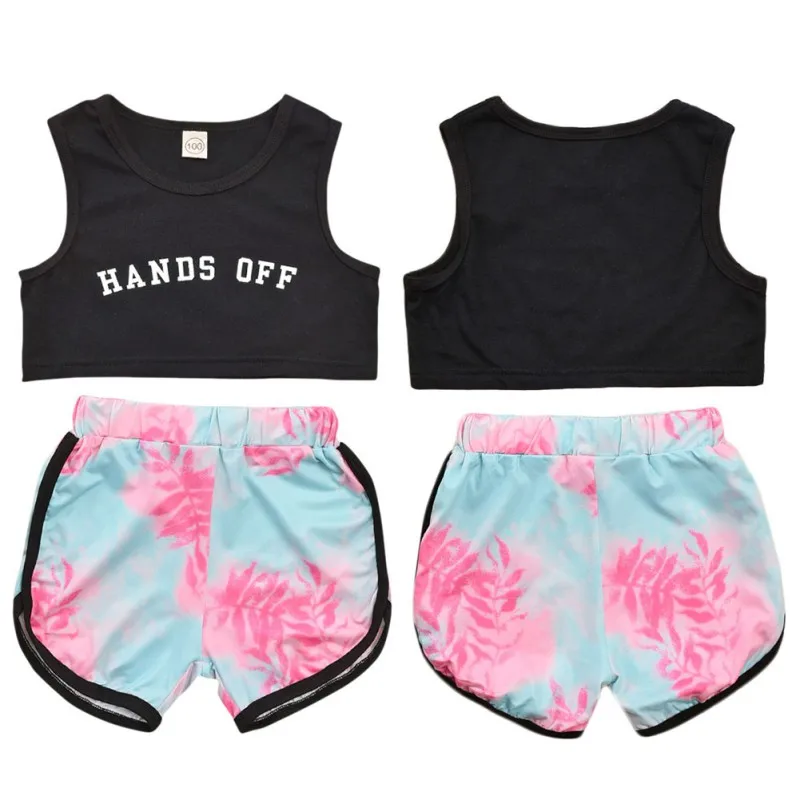 

6M-4Y Summer Baby Kids Girl Casual Sleeveless Letters Print Tops Vest With Floral Shorts Outfits Set Sports Clothes
