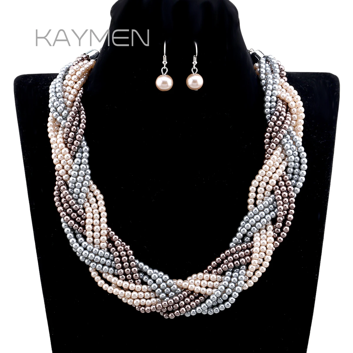 

Newest Exaggerated 9 Pearl Beaded Strands Wrapped Statement Choker Necklace and Earrings Jewelry Sets for Women Girls