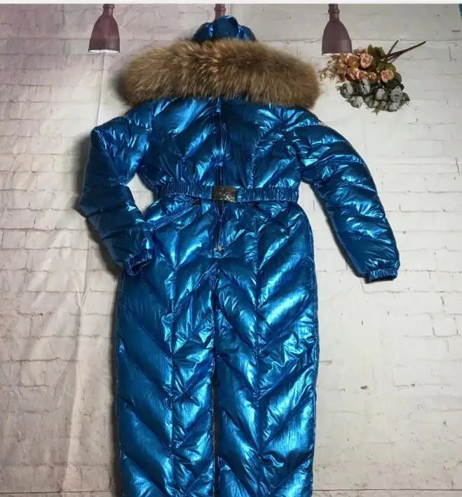 shiny blue Подгонянный супер Настоящий мех зимний комбинезон для женщин белый утиный пух куртки Женский лыжный костюм пуховик верхняя одежда - Цвет: shiny blue