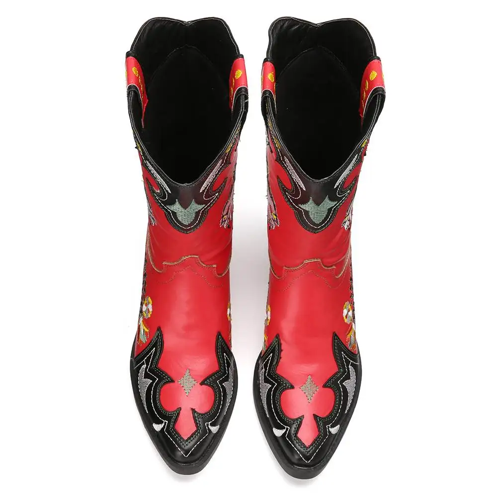 

SOCOFY Women Cowgirl Mid-calf Boots Folkways Ethnic Retro Style Embroidered Jean Heel Shoe Casual Outdoor Boots Botas Mujer