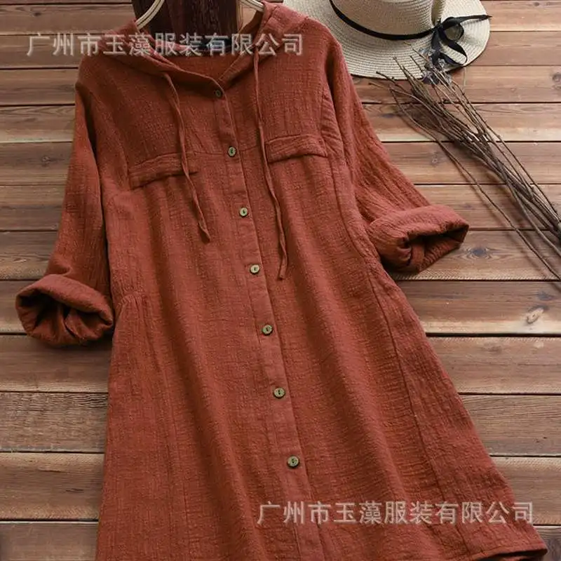 Mferlier женское льняное платье с капюшоном однотонное однобортное длинными