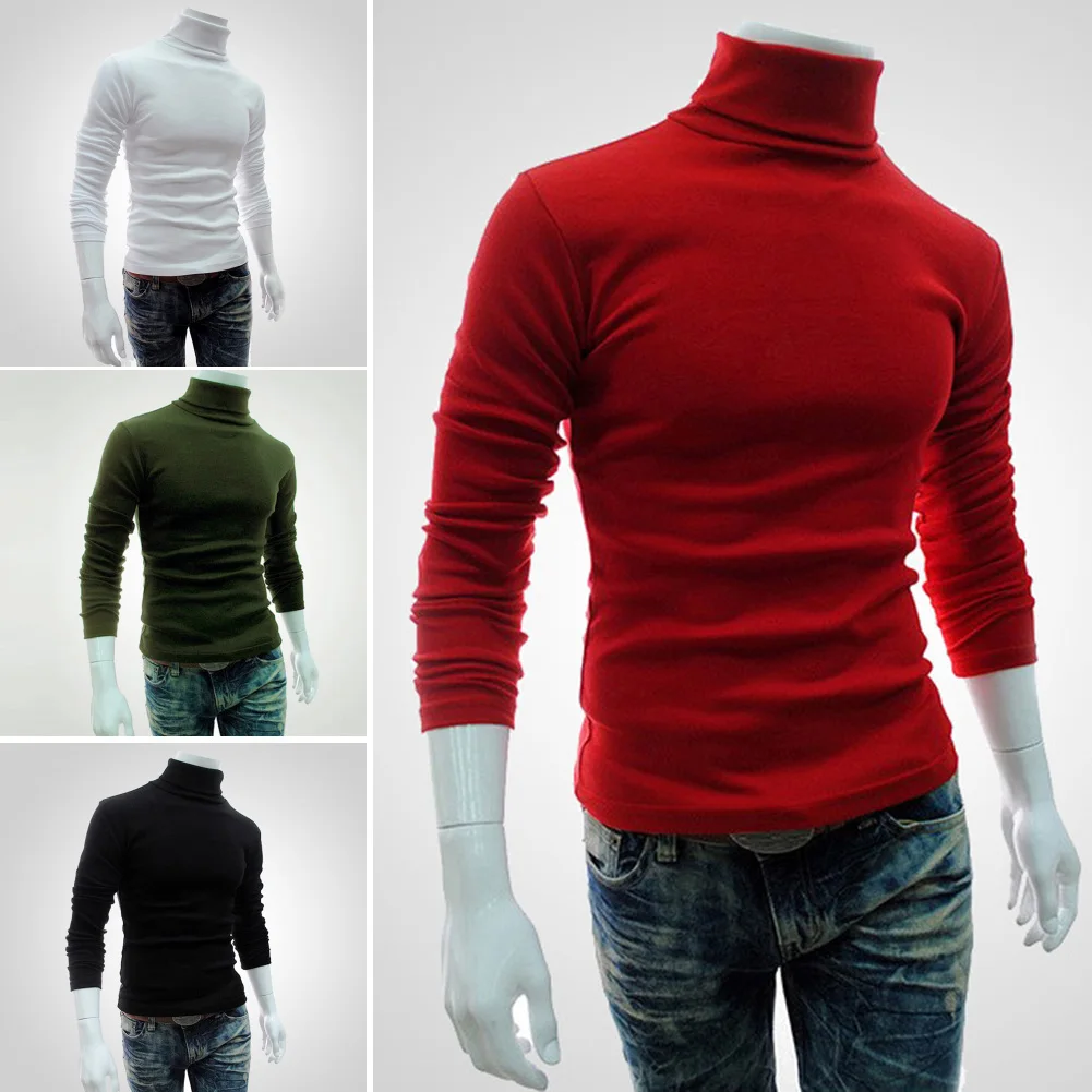 Men Autumn Solid Color Long Sleeve Turtle Neck Knitted Slim Bottoming Shirt