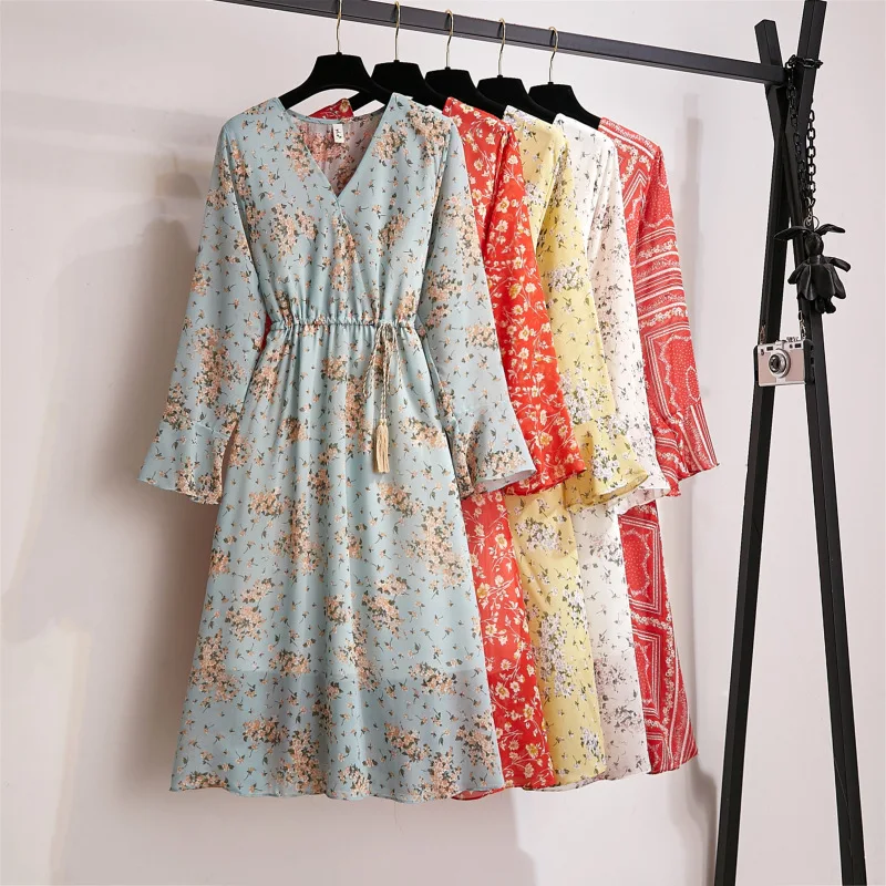 Весенне летнее шифоновое платье для женщин длиной до колена с v образным вырезом