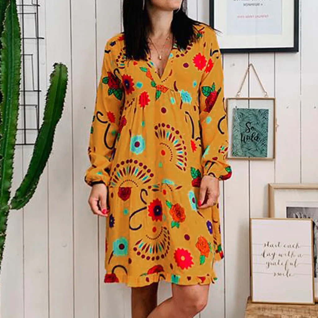 Женское платье с открытыми плечами цветочным принтом длинным рукавом