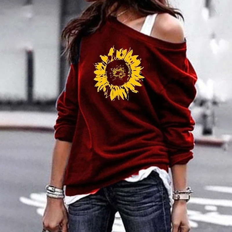 Женский пуловер с длинным рукавом круглым вырезом и цветочным принтом|Женские