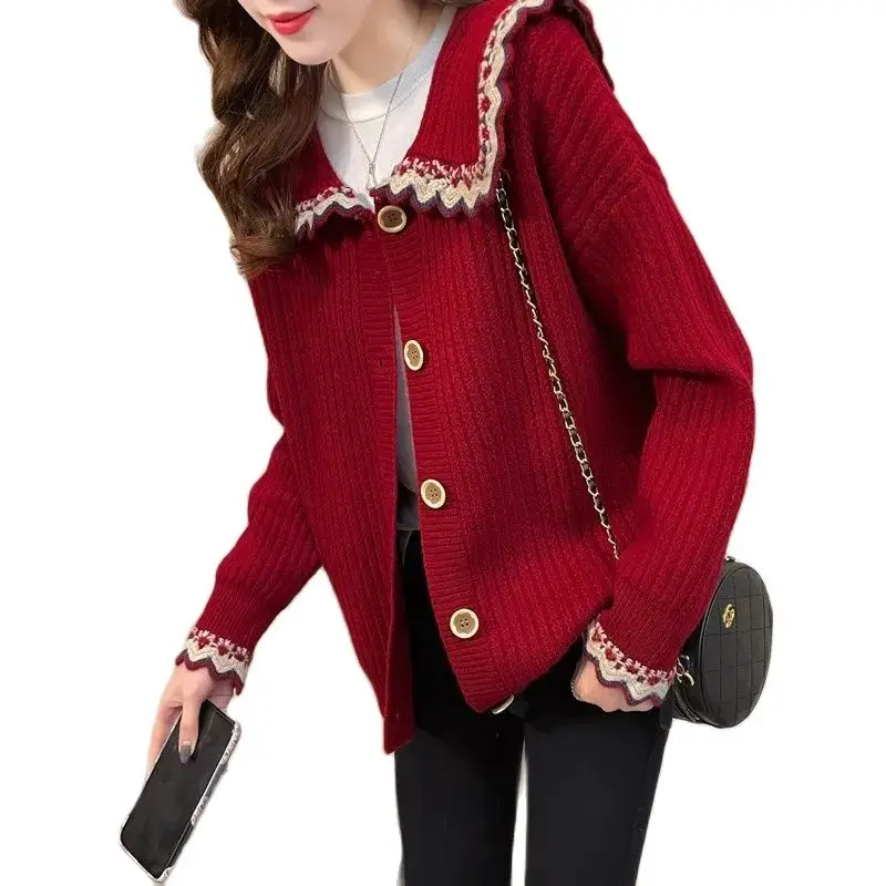 

Red Sweater Women's Single-breasted Cardigan Jacket Autumn Long Sleeved Doll Collar Knitted Cardigans Sweaters Coat Girl Tops 92