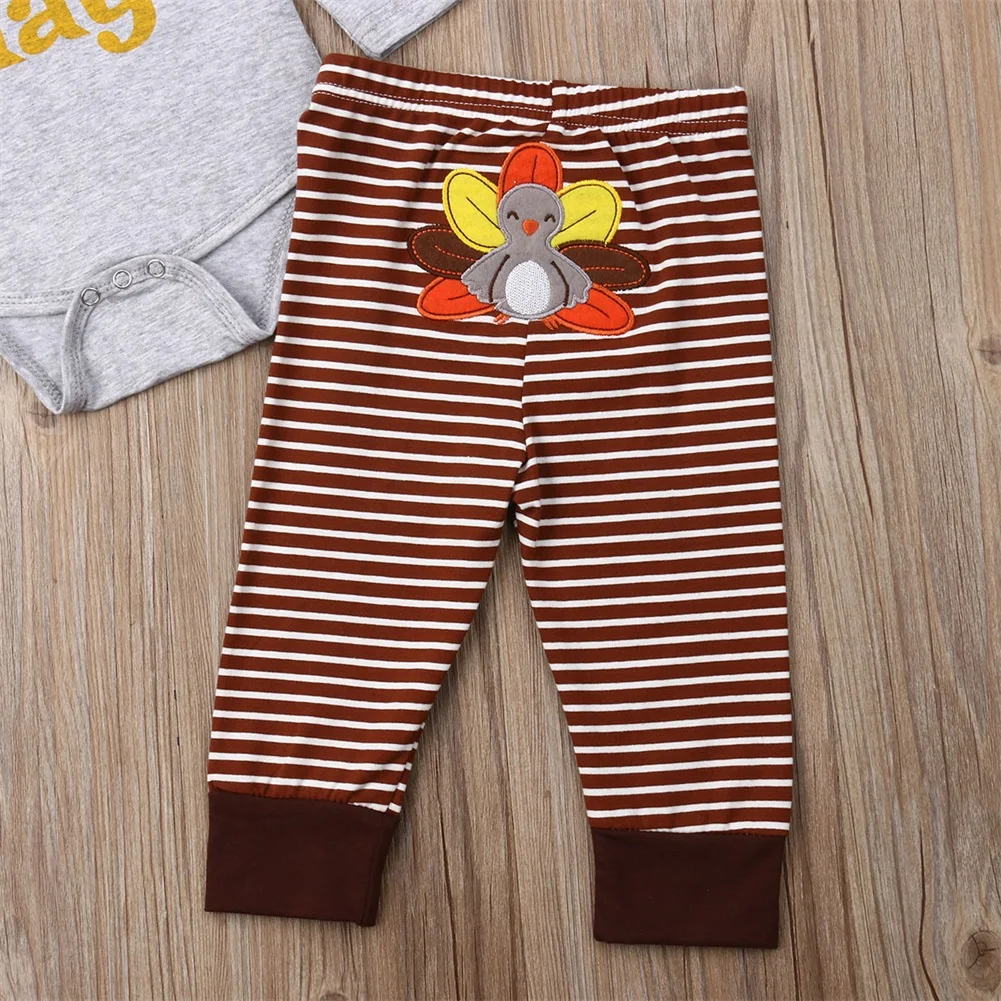 2019 Brand Cotton Infant Newborn Baby Boy Girls Letter Tops Romper Turkey Striped Long Pants Outfits Set Thanksgiving Clothes | Детская