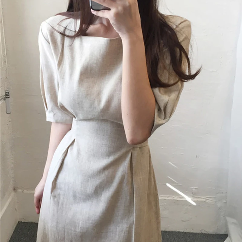 

2021 Vintage Square Collar Summer Long Dresses Female Cotton Slim Puff Short Sleeve Dress Women Elegant Casual Dress Robe 10268