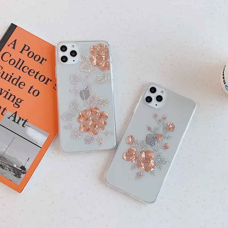 For iPhone 11 Pro Max XS XR X 8 7 Plus Gold Rose Gradient Glitter Leaf Clear Case Soft Transparent Cover |