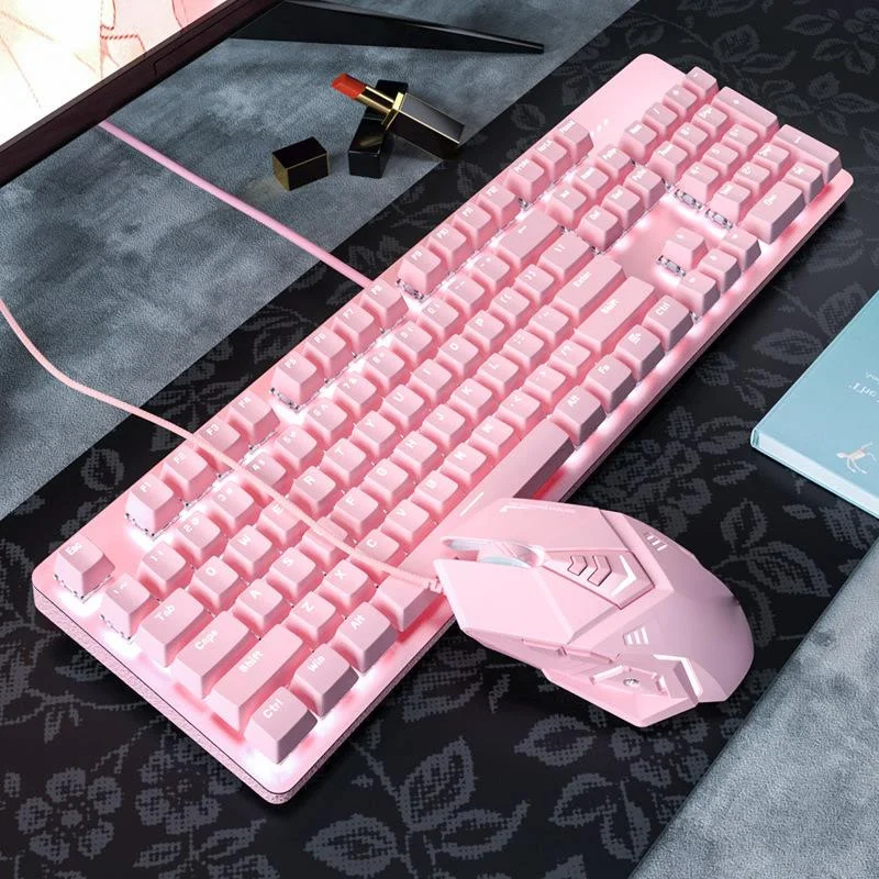 2400DPI pink real mechanical keyboard and mouse set cute girls e-sports gaming computer peripherals with backlight 104 keys enlarge