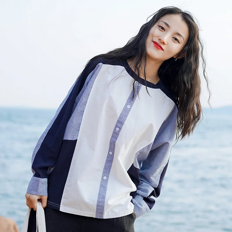 

2022 spring new O-neck stitching long-sleeved t-shirt female Korean fashion pullover loose art Patchwork
