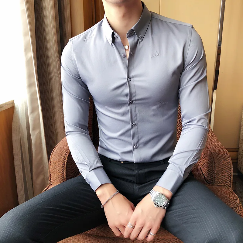 

New spring men's shirt slim pointed collar fashion British men's Embroidery youth large long sleeve shirt fashion