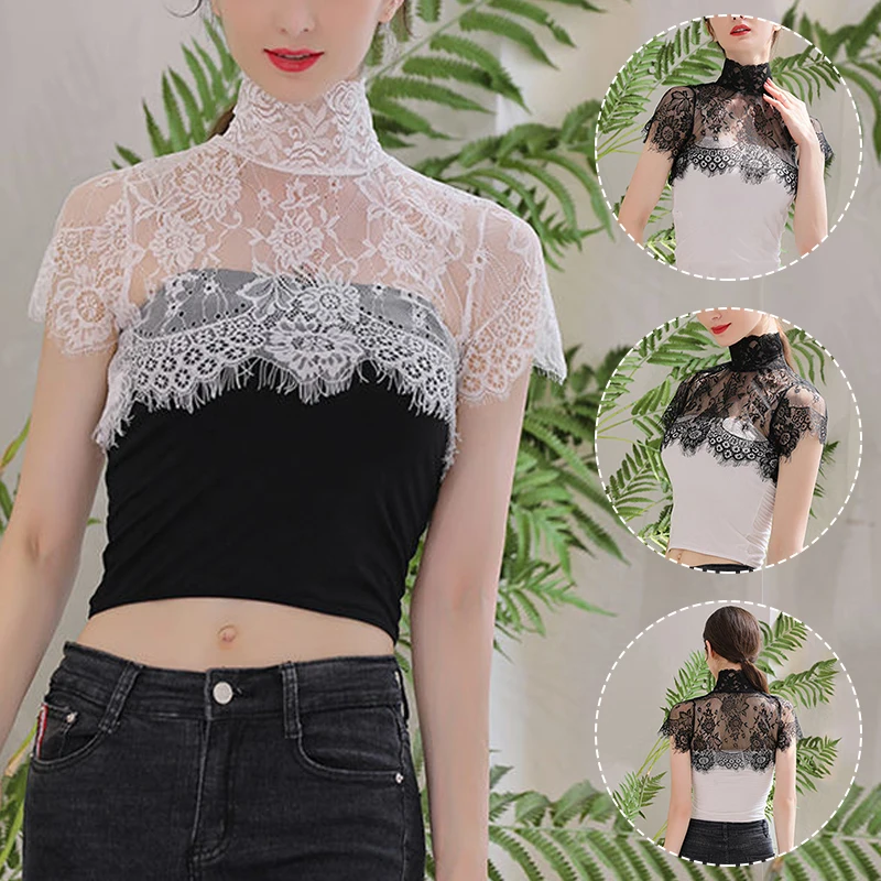 

M-XL 2 Colors Women Detachable Faux Collar Half Shirt Sweet Blouse Crochet Sheer Eyelashes Floral Lace Wedding Dress Neck Cover