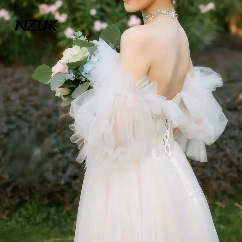 

NZUK Bride Gloves Wedding Dress Mesh Puff Sleeve Set Sleeve Tube Top Wedding Dress Korean Style luvas noiva