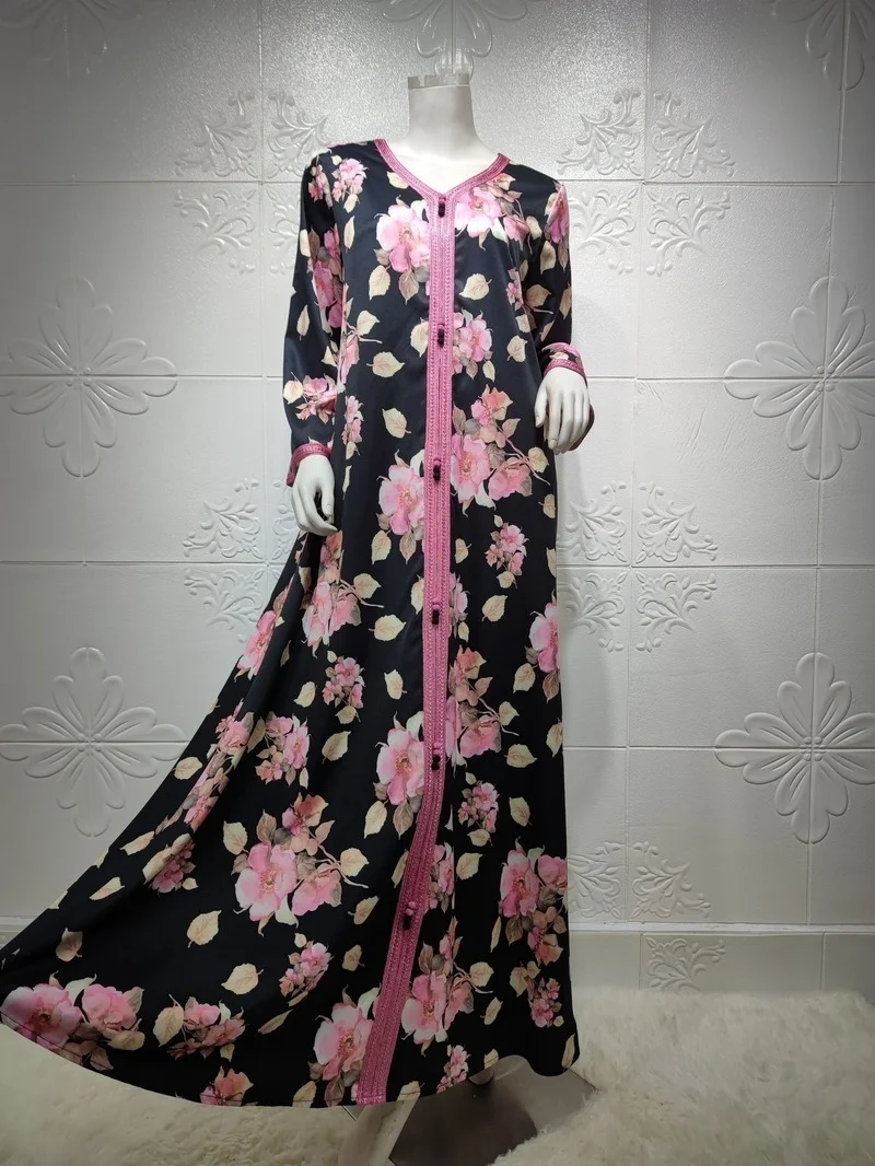 2021 Summer Fashion Muslim Women V-neck Long Sleeve Printing Robes Woman Abaya European Clothing Abayas for | Тематическая одежда