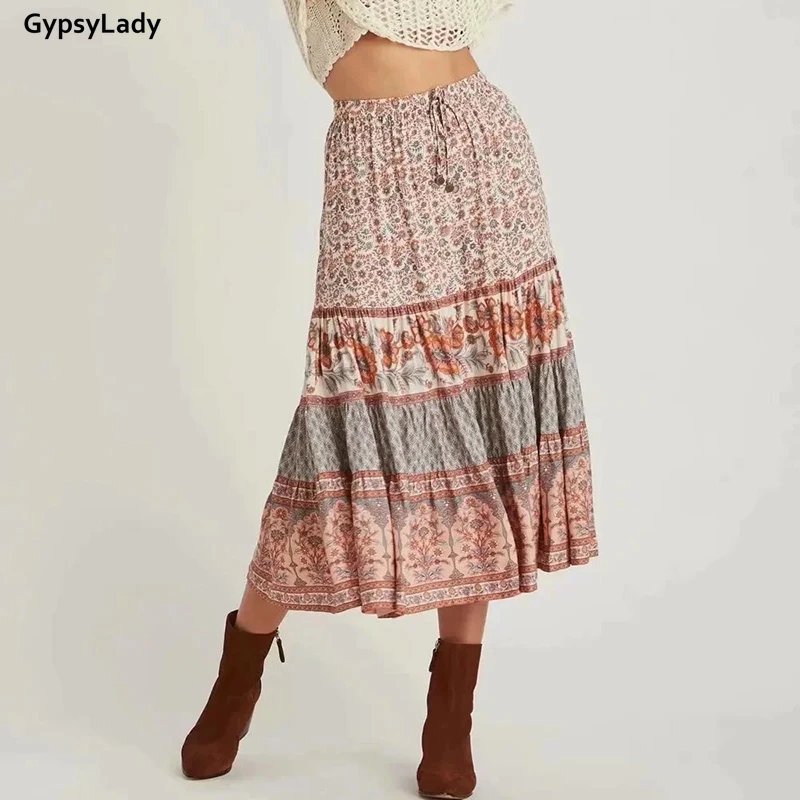 

GypsyLady Boho Green Vintage Skirt Floral Casual Chic Women Skirts Boho Holiday Elastic High Waist Pleated Tie Up Skirt Femme