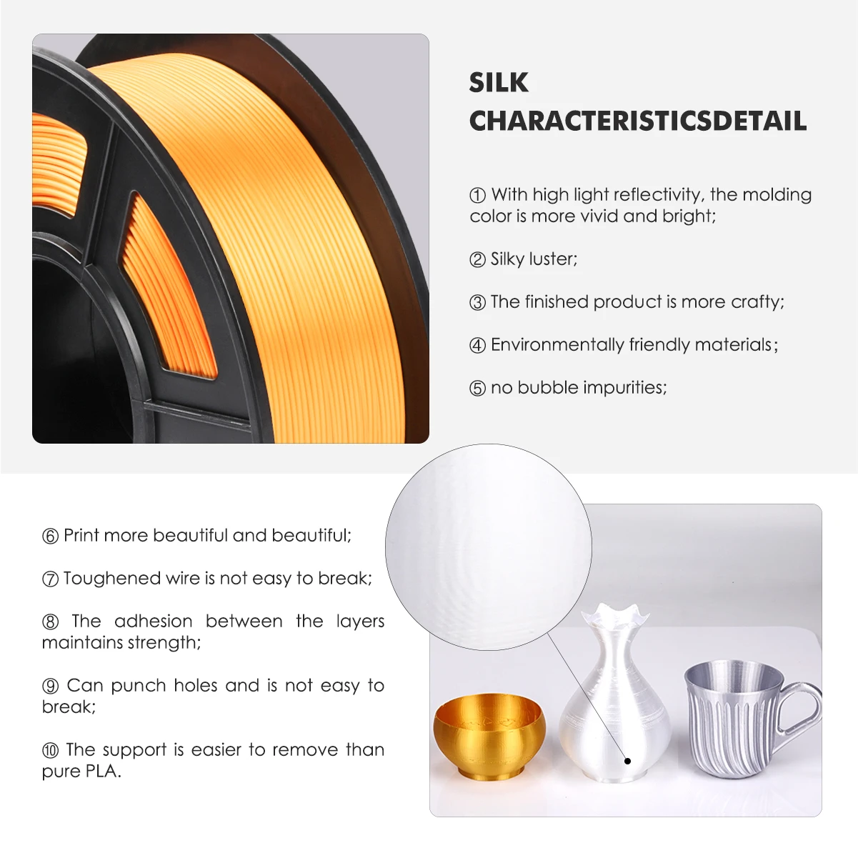 PLA Filament SILK Orange 1kg 2.2 lbs 1.75mm per roll 3D Printer Filamet DIY for 3D printing Refills