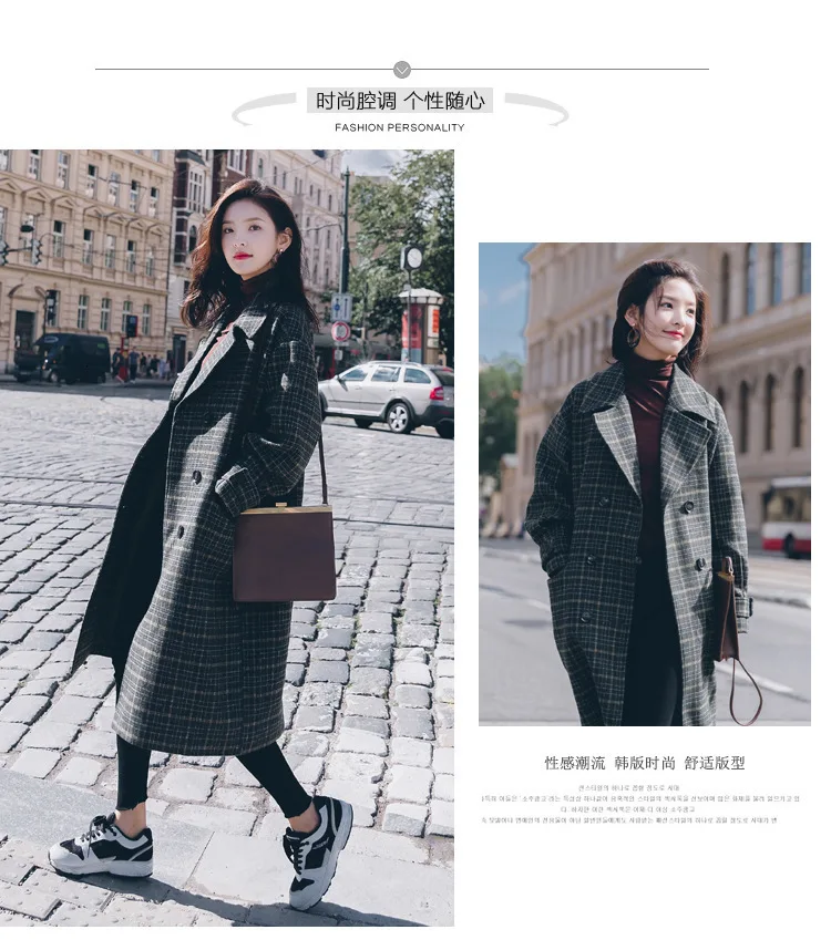 Vintage Plaids Clothes Loose Woollen Coat Women's New Checked Coat Baggy Silhouette Overcoat Tweeds Winter female Outerwear