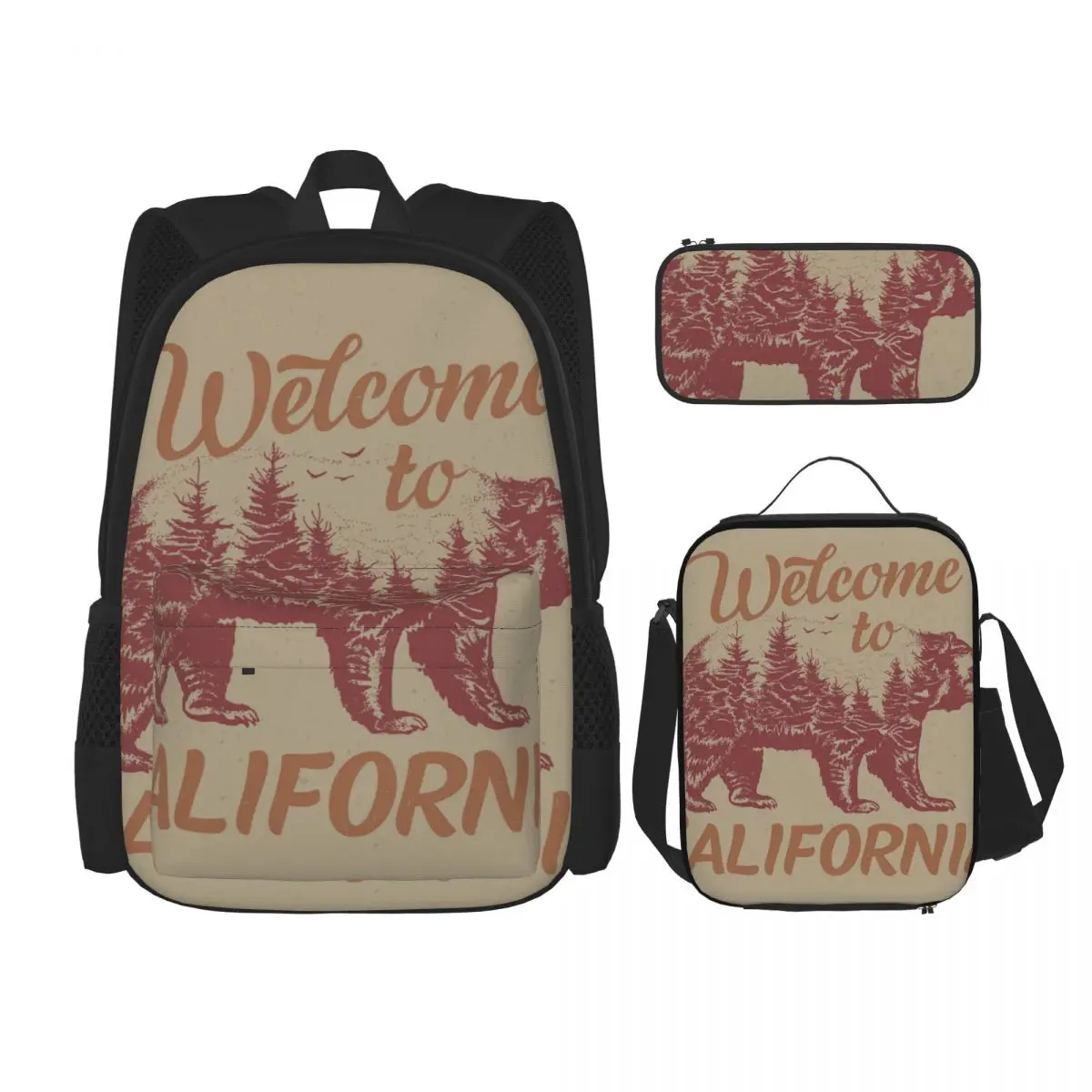 

Welcome California With Bear Silhouette School Bag Set for Teenagers Girls Boys Student Travel Book Bag Kids Mochila