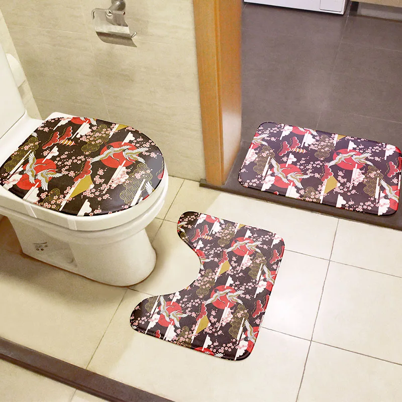 new style toilet cover set 3 piece bathroom non slip mat set shower decoration rug ukiyo e waves carpet flannel toilet cushion free global shipping