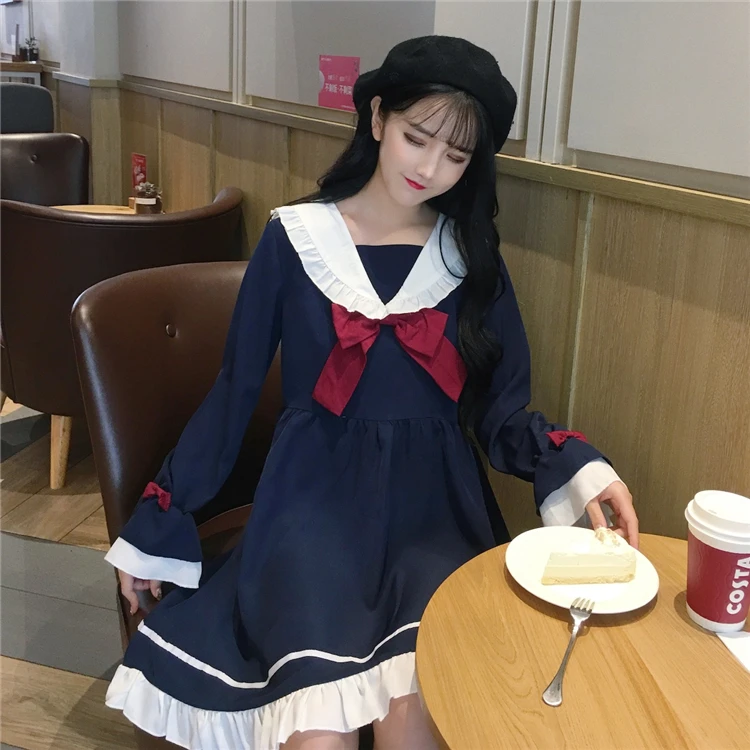 Японские платья для женщин осень весна Harajuku стиль kawaii милый длинный рукав