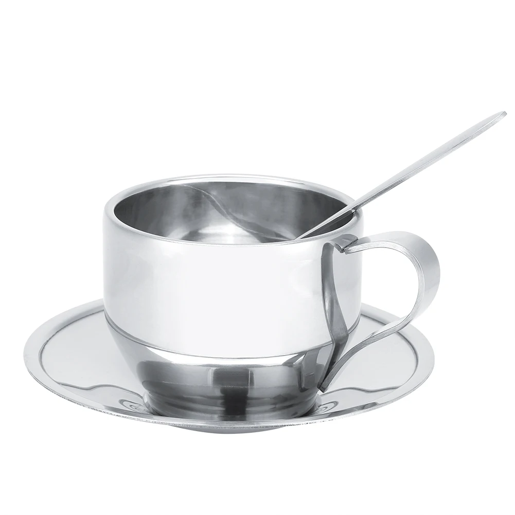 

Stainless Steel Insulated Coffee Cup Double Wall Tea Milk Mug with Saucer Spoon Set Tableware