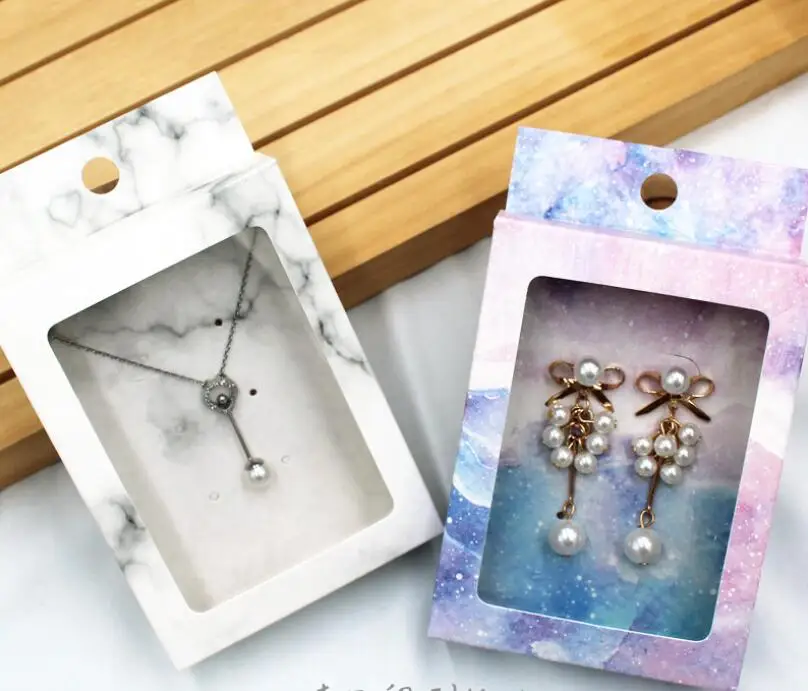 

Marble Paper Jewelry Package Boxes with Clear PVC Window Mini Hanging Necklace Earring Display Boxes#8630