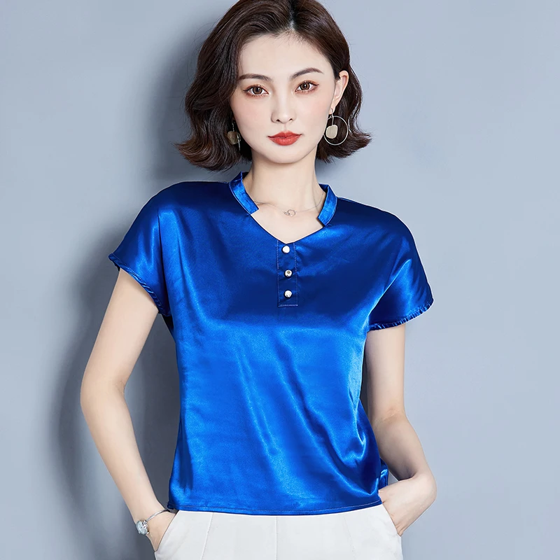

Korean Silk Women Blouse Shirt Short Sleeve Tops Woman Solid Satin Blusas Femininas Elegante Womens Tops and Blouses