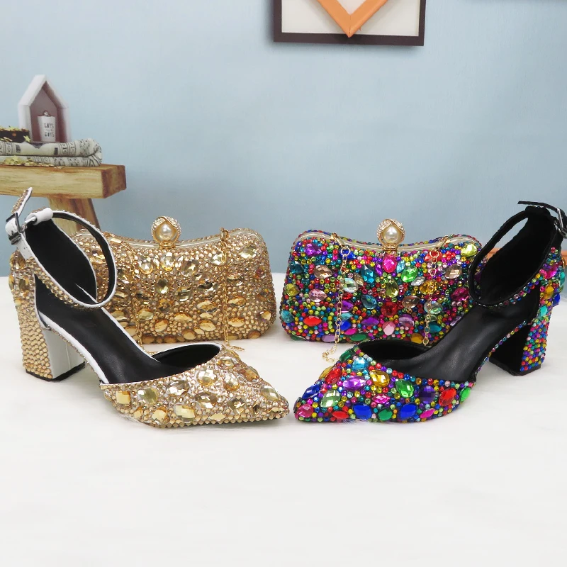 Разноцветные женские свадебные туфли с сумочкой в комплекте лодочки на Высоком