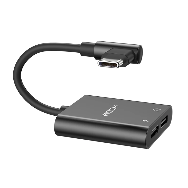 ROCK 2 в 1 двойной разъем type-C адаптер 60 Вт PD 3A Быстрая зарядка USB C наушники Aux разделитель для аудиокабеля конвертер для мобильных телефонов - Цвет: Black