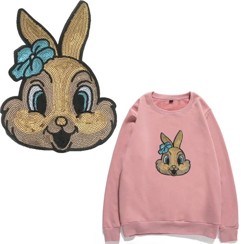 

Cartoon Rabbit Sequined Iron on DIY Badge Sewing Animal Appliques Patch for Clothing Parches Bordados Para La Ropa stickers