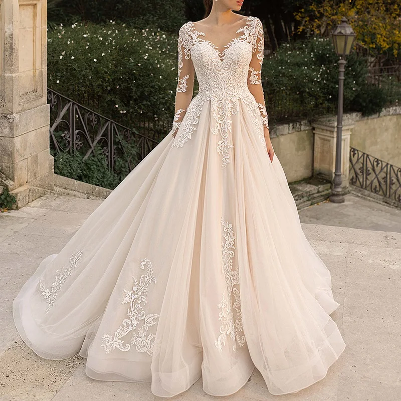 

Elegant Lace Wedding Dress PLus size V neck long sleeve Vestidos de novia Bridal Dress A line Sexy backless Wedding Gowns