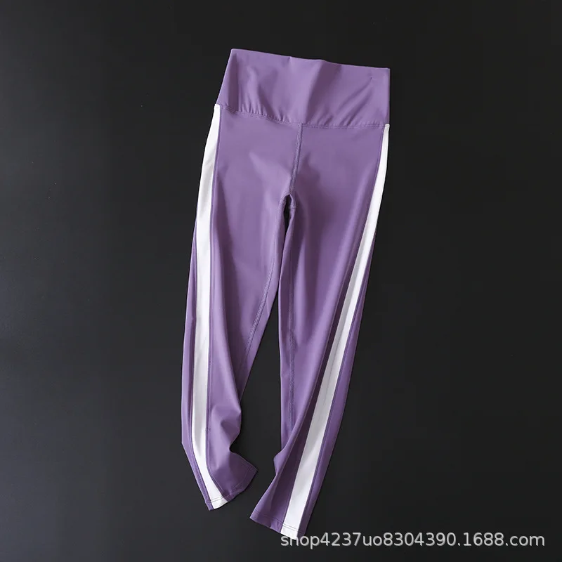

Women Yoga Calf-Length Leggings High Waist White Strip Patchwork Fitness Leggings Hip Running Sports Stretch Leggings Tights