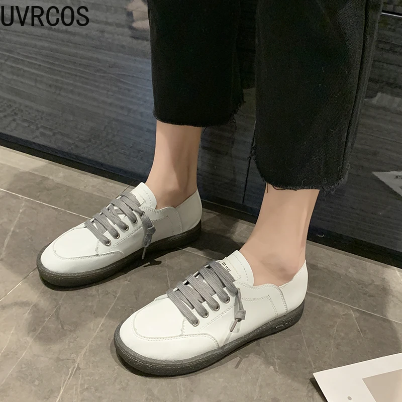 

Pure Color Women's Single Shoes Fashion Simple PU Leather Trend White Round Toe Strap Platform Women's Flat Shoes 2021