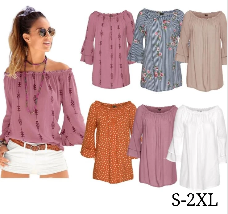 

Woman Fashion Printed slash neck long boat-neck sleeve raised grain defect Cold Shoulder T-shirt