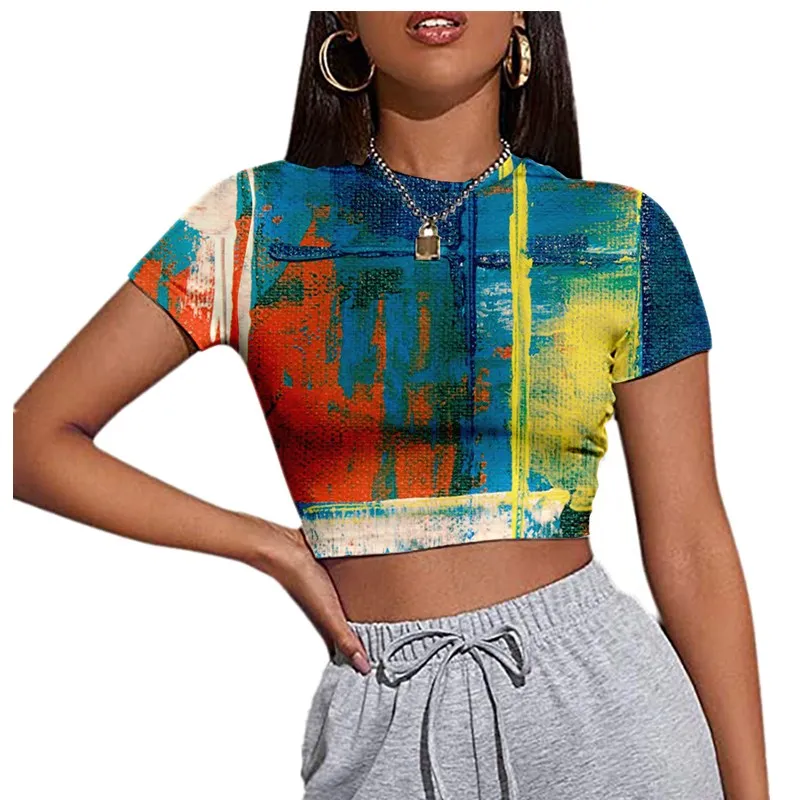 

2021 New Womens Summer Fashion Sexy Casual Crop T-Shirt Printed O-Neck Cotton Short Sleeve 5XL Femmel Tops
