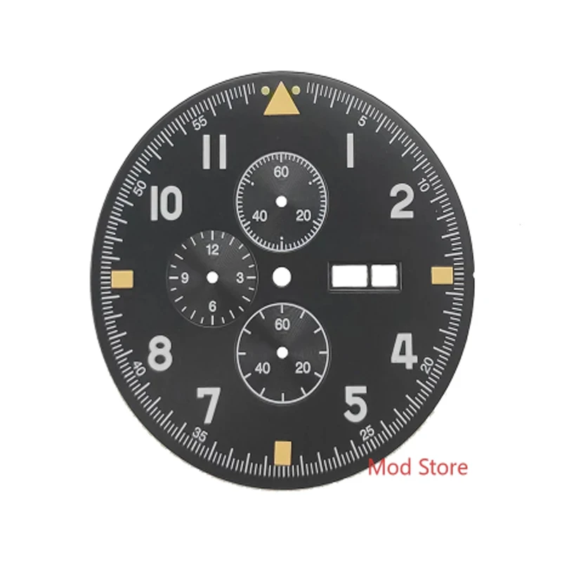 

37.7mm 12 Hours Black Pilot's Chronograph Copper Fashion Watch Dial Set For Miyota Cal.0S00 Mov't Super Green Luminous Numbers