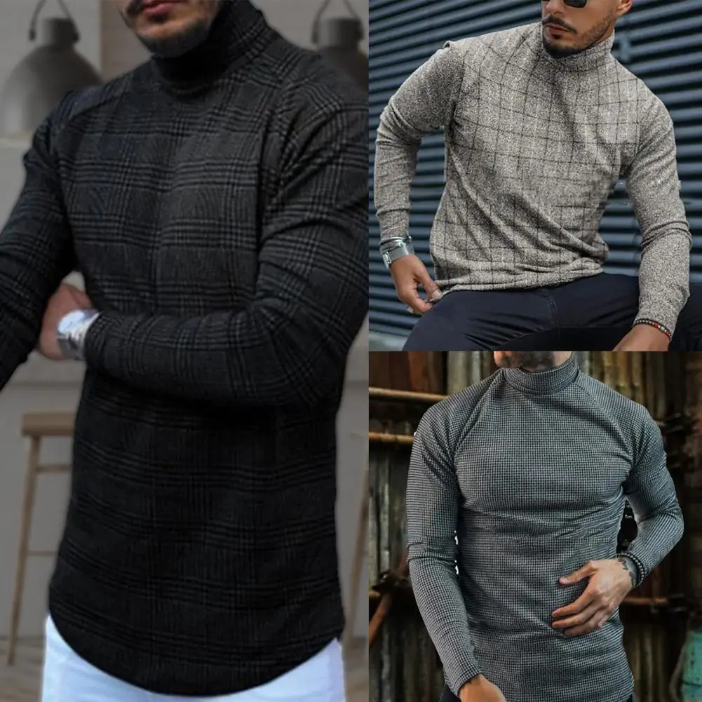 

2021 Spring Fashion Turtleneck Pullover Tops Male Long Sleeve Slim Tee Shirt Streetwear 4XL Autumn Casual Plaid Print Shirt Mens