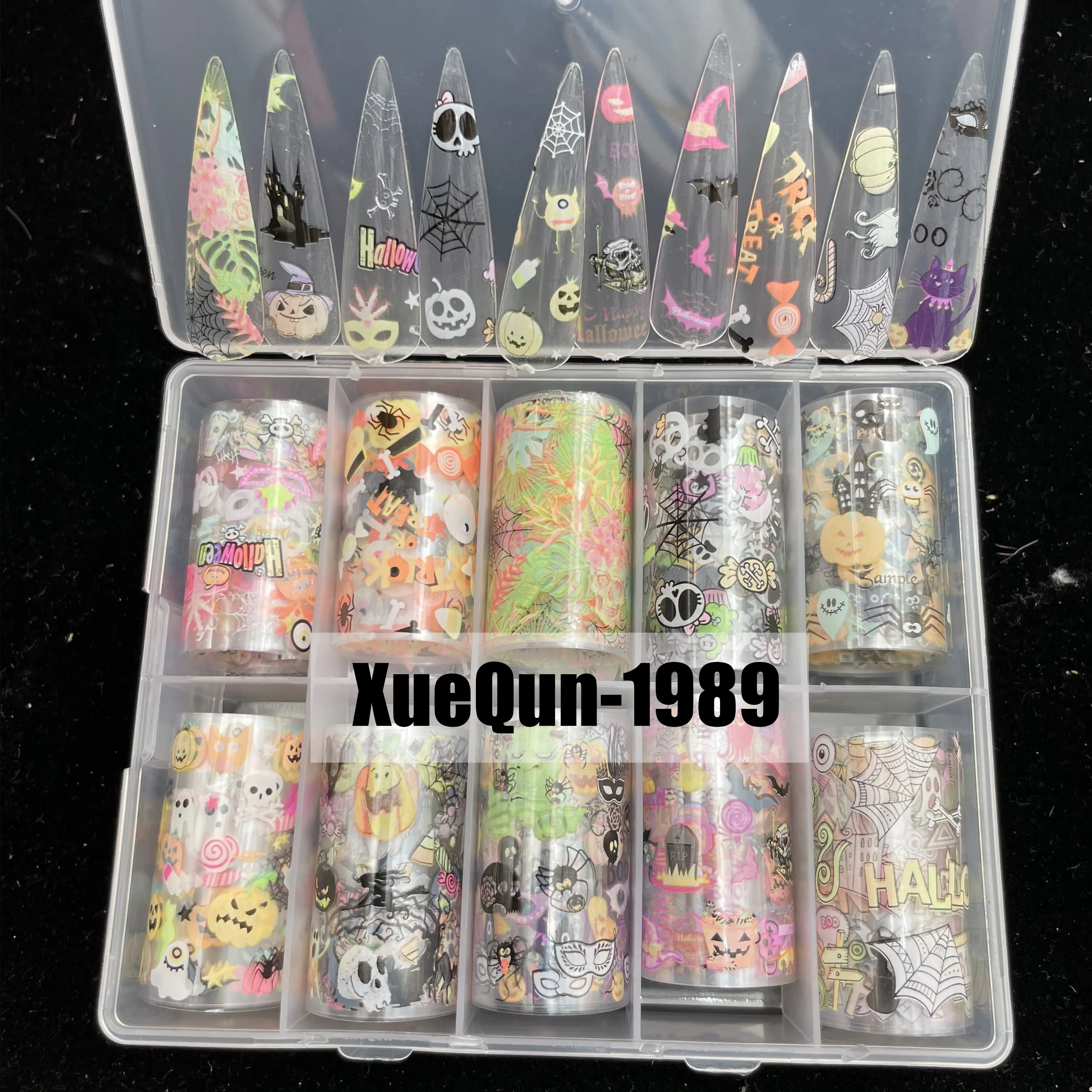 

XueQun 4*100cm Fluorescent transparent bottom Halloween Designer Nail Foil