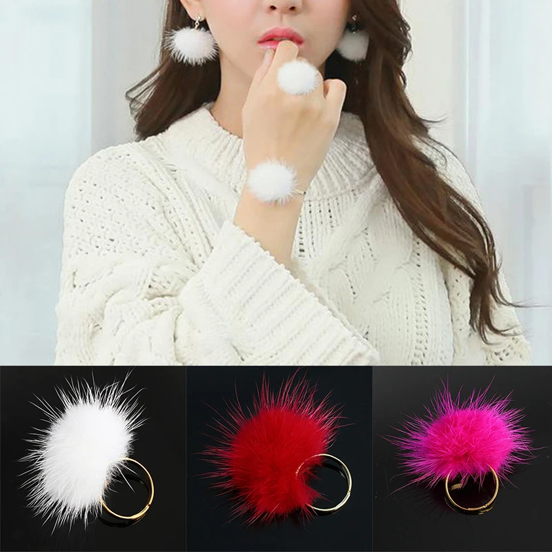 1pc Fashion Fluffy Mink Fur Ball Pompom Ring Genuine Soft Leather Party Rings for women Adjustable Size Gift