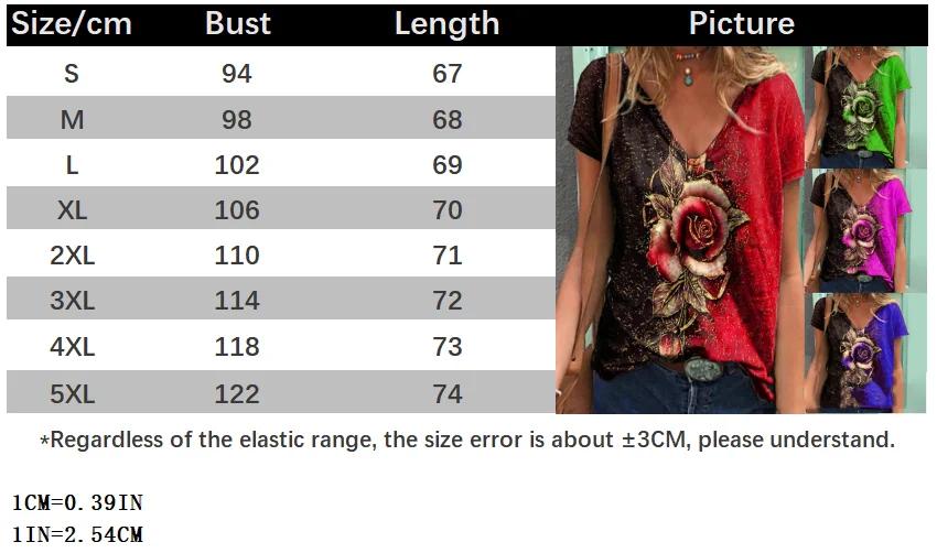 

Summer Casual V-Neck Multicolor Tops Rose Print Short Sleeve T-Shirts Loose Oversized T-Shirt 2021 Crop Top Camisetas De Mujer