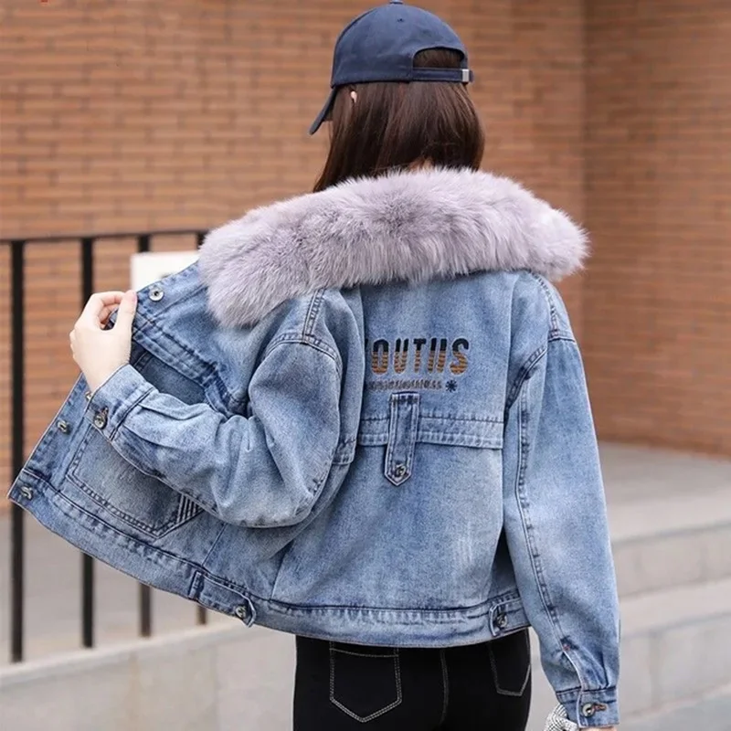 

Корейская модная флисовая зимняя джинсовая куртка, женская повседневная короткая теплая куртка с меховым воротником, Джинсовая Верхняя од...