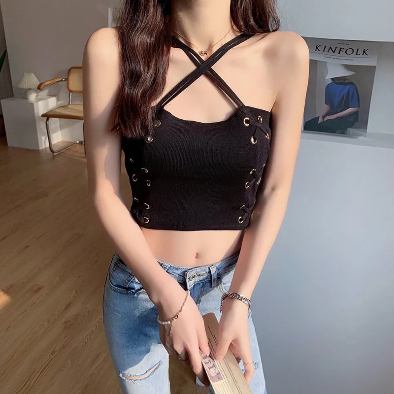 

Real Shot Cross-Halterneck Top Short Knitted Small Tank Top