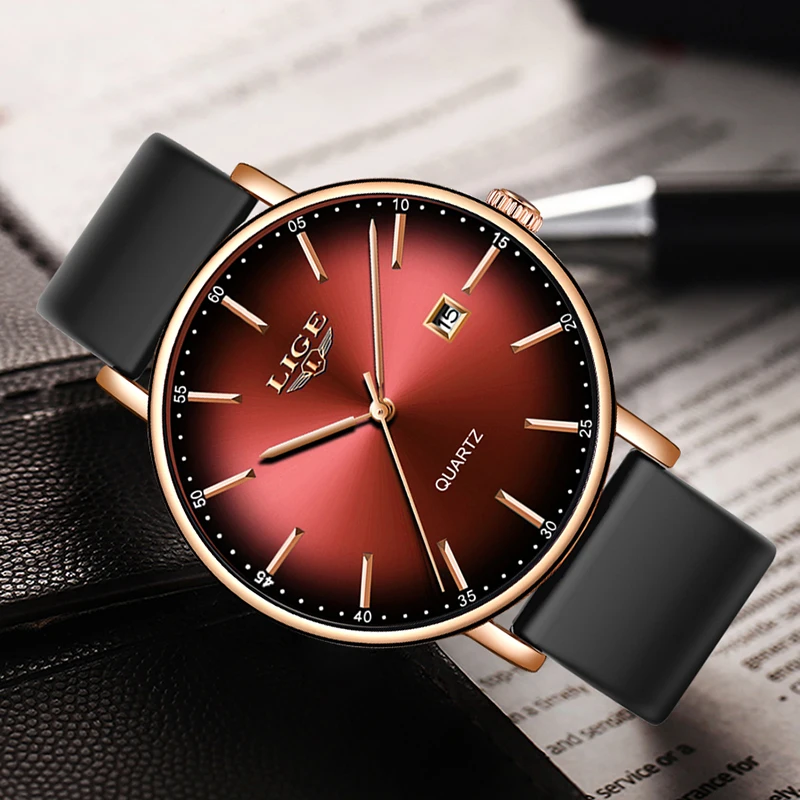 Часы LIGE Мужские кварцевые с силиконовым ремешком брендовые Роскошные уникальные