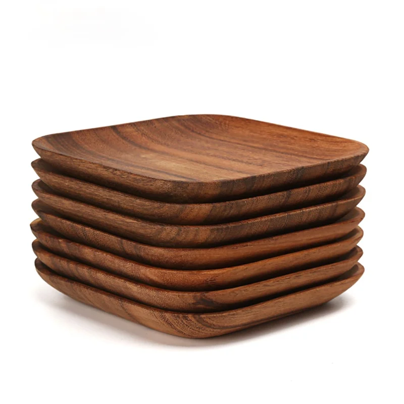 2Pcs Square Wooden Plate Set Premium Acacia Wood Cake Plate Dishes Dessert Serving Tray Wood Sushi Plate Dinnerware Tableware